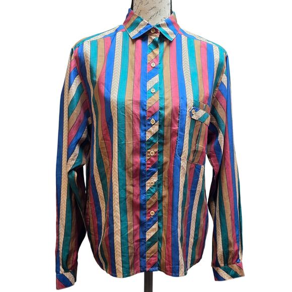 Ship n Shore Womens M/L Blouse 70s Retro Tailored Vertical Stripes Boho Hippie - Picture 1 of 11